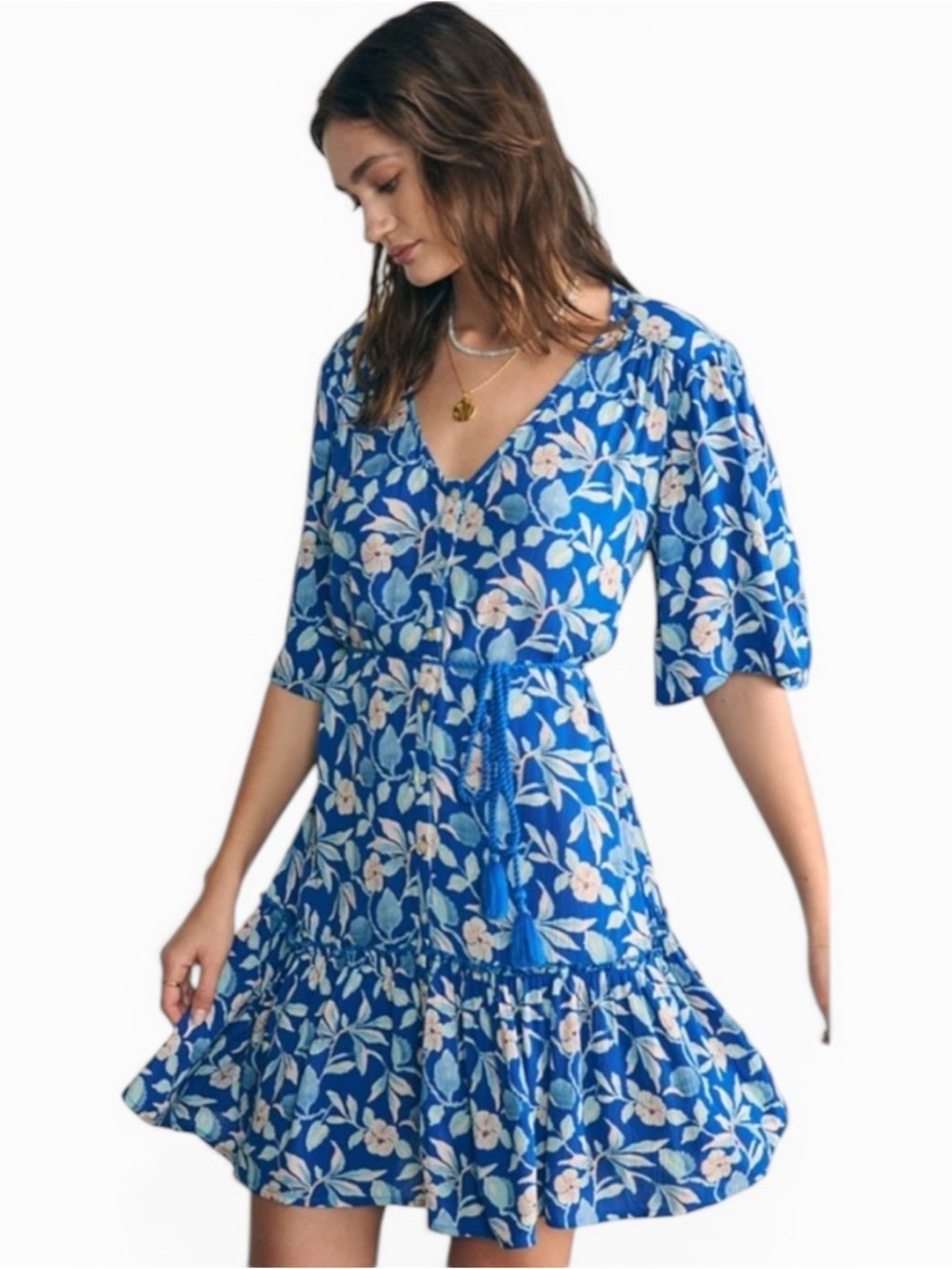 Faherty Orinda Floral Mini Dress Blue V Neck Tie Waist Size S